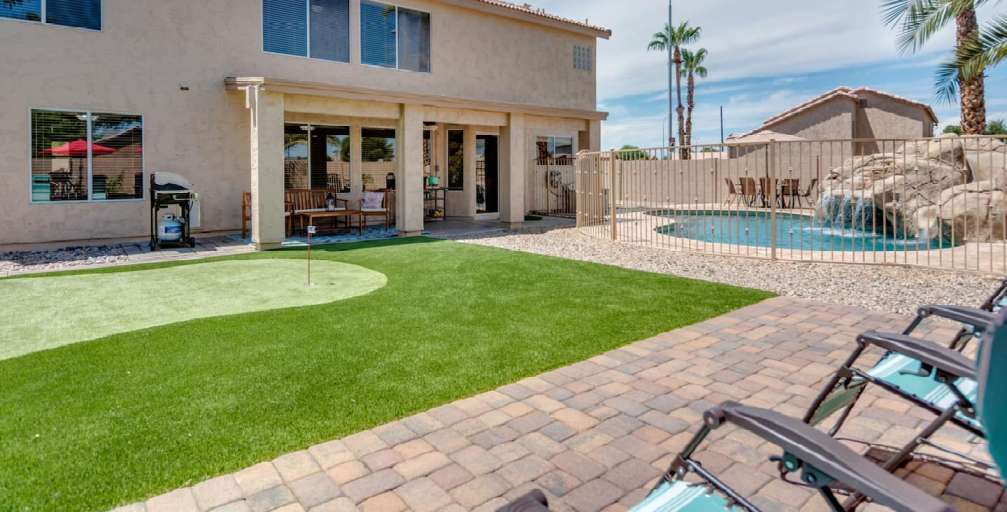 Artificial putting green installed in a Gilbert AZ backyard